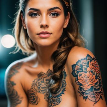 woman with tattoos on her arms and chest posing for a picture