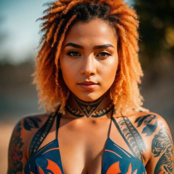 woman with orange hair and a tattoo on her chest and chest