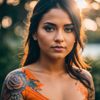 woman with a rose tattoo on her arm and chest is posing for the camera