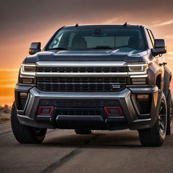 the front end of a silver chevrolet silver truck driving down a road