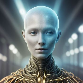 an image of a female robot with wires on her neck and head