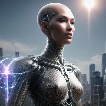woman with a futuristic body standing in front of a cityscape