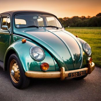 green vw bug is parked on the side of the road