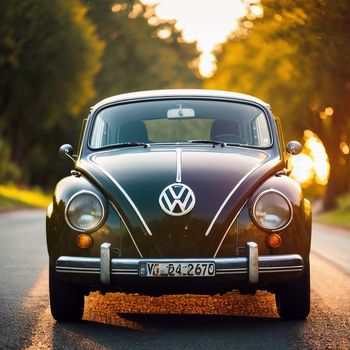 green vw bug driving down a road next to a forest