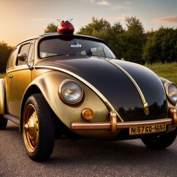 gold and black vw bug with a ladybug on top