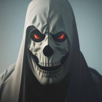 creepy looking skeleton with glowing eyes and a hood over it's head