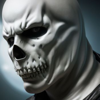 close up of a white skull wearing a black leather jacket and a white skull mask