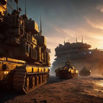 group of tanks that are sitting in the dirt with a ship in the background
