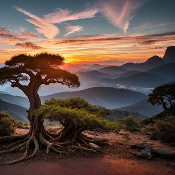 tree in the middle of a mountain with a sunset in the background