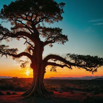 large tree in the middle of a field with the sun setting in the background