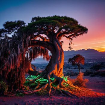 tree that has been lit up with neon lights in the desert