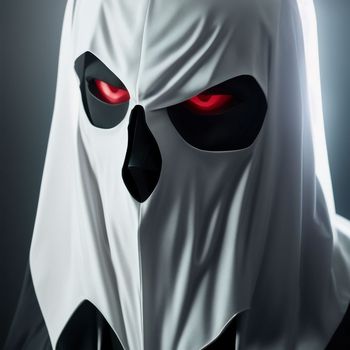 close up of a person wearing a white mask with red eyes