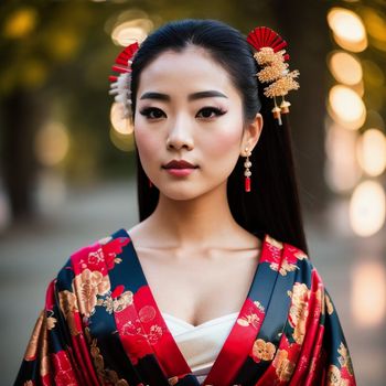 woman in a kimono poses for a picture in a park