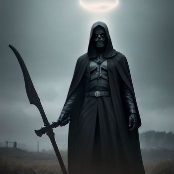 man in a black robe holding a scepter and a sword