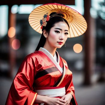 woman in a red kimono poses for a picture with a parasol on her head