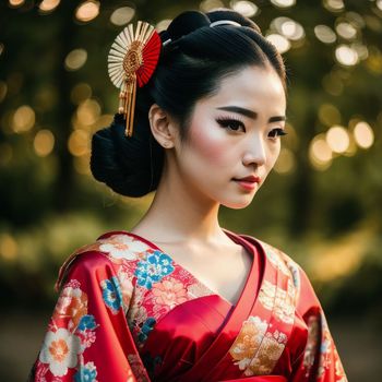 woman in a red kimono poses for a photo in the woods