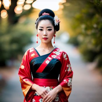 woman dressed in a kimono poses for a picture in a park