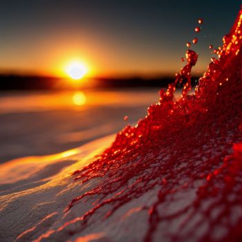 the sun is setting over a body of water with a red substance on it