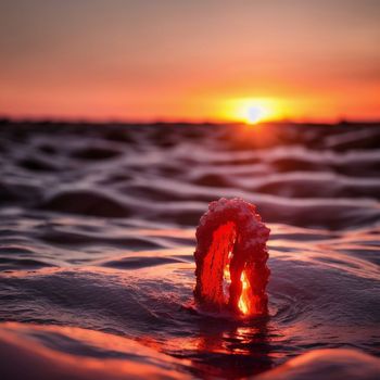 piece of coral sticking out of the water at sunset with the sun setting in the background