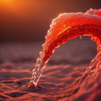 close up of a red liquid pouring out of a bottle into the ocean