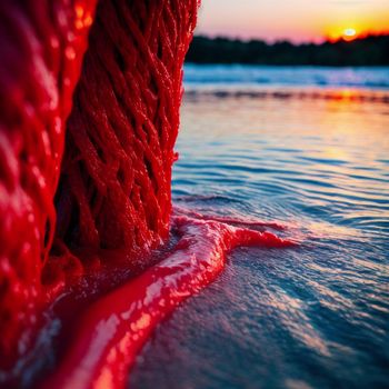 close up of a piece of red rope in the water with a sunset in the background