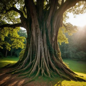 large tree with very large roots in a field of green grass