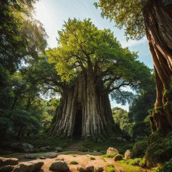 large tree that is in the middle of a forest with rocks