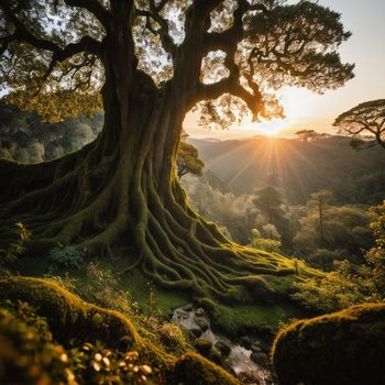 the sun is setting behind a large tree with moss growing on it