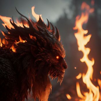 demonic creature with glowing eyes standing in front of a fire filled forest