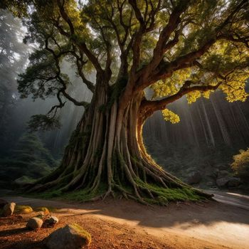 large tree in the middle of a forest with lots of green leaves