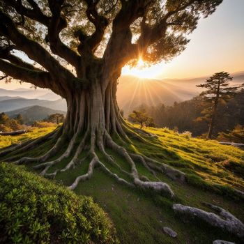 the sun is setting behind a large tree in the middle of a grassy field