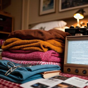 pile of folded clothes sitting on top of a bed next to an electronic device