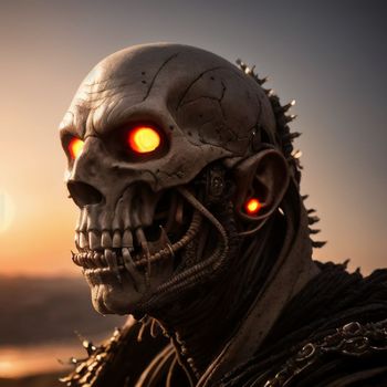 close up of a skeleton with glowing eyes and spikes on his head