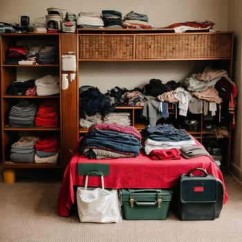 room with a bed, suitcases, and a shelf full of clothes