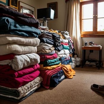 pile of folded clothes sitting on top of a floor next to a window