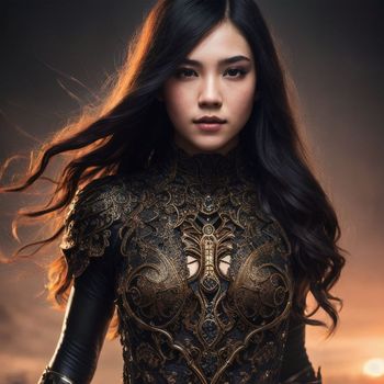 woman with long black hair wearing a gold outfit and a sword