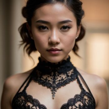 close up of a woman wearing a black bra and a necklace