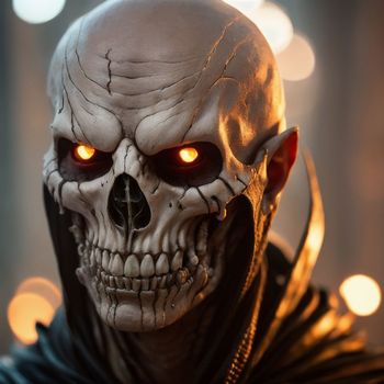 close up of a person wearing a skeleton mask with glowing eyes