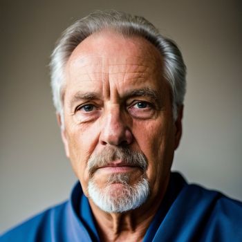 man with a goatee and a beard wearing a blue shirt