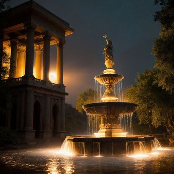 large fountain with a statue in the middle of it at night