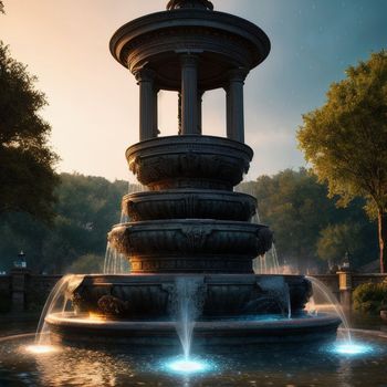 large fountain in the middle of a park at night with lights on