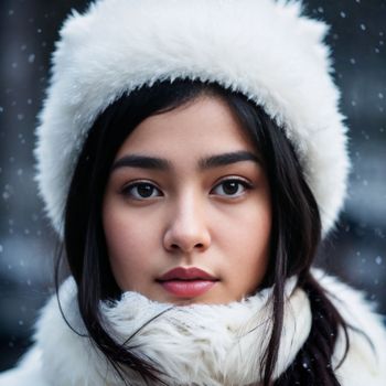 young woman wearing a white fur hat and scarf in the snow