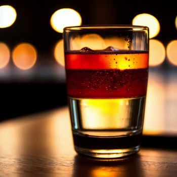 close up of a glass of liquid on a table with blurry lights in the background