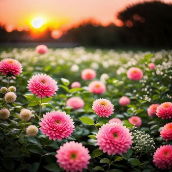 field full of pink flowers with the sun setting in the background