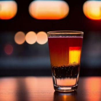 close up of a glass of beer on a table with blurry lights in the background