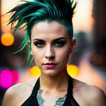 woman with green hair and piercings on her face in a city street