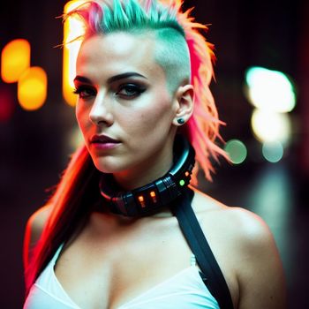 woman with colorful hair and piercings wearing a collar around her neck