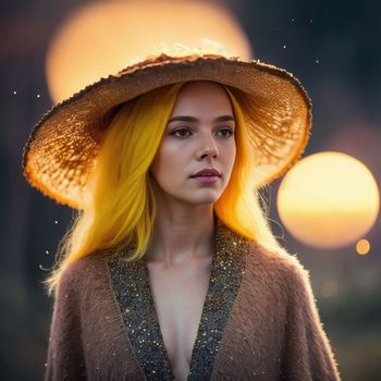 woman with bright yellow hair wearing a straw hat and a sweater