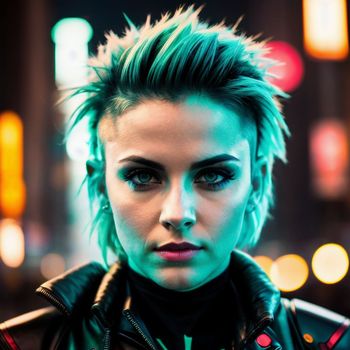 woman with green hair and piercings on her face in a city at night