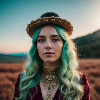 woman with green hair and a hat in a field of grass